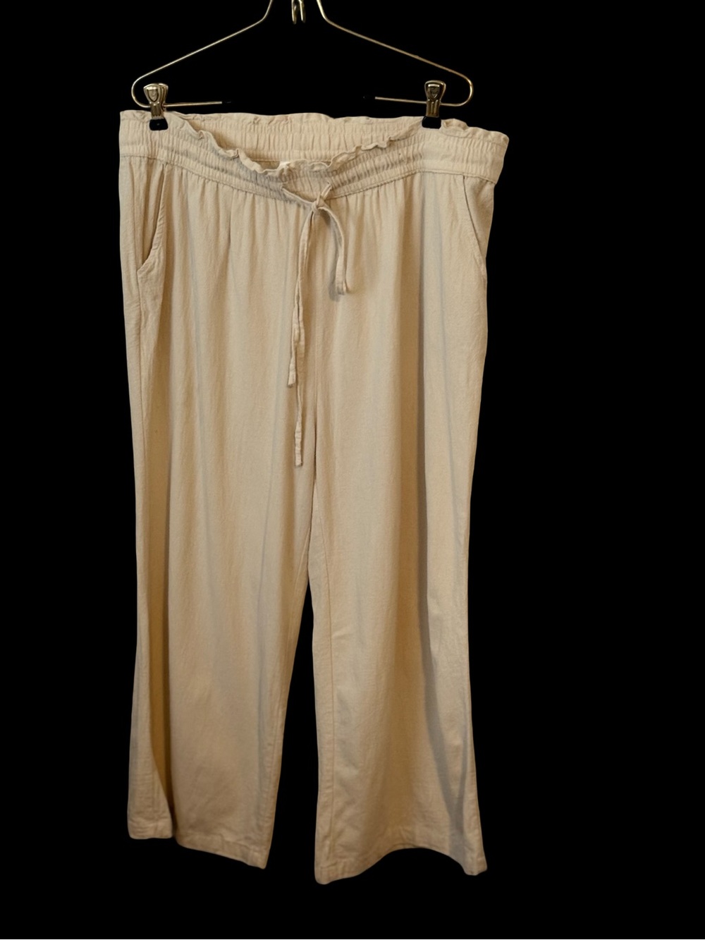Linen Blend Womens Wide Leg cropped Pants XXL Beige Pull On Drawstring Beachy